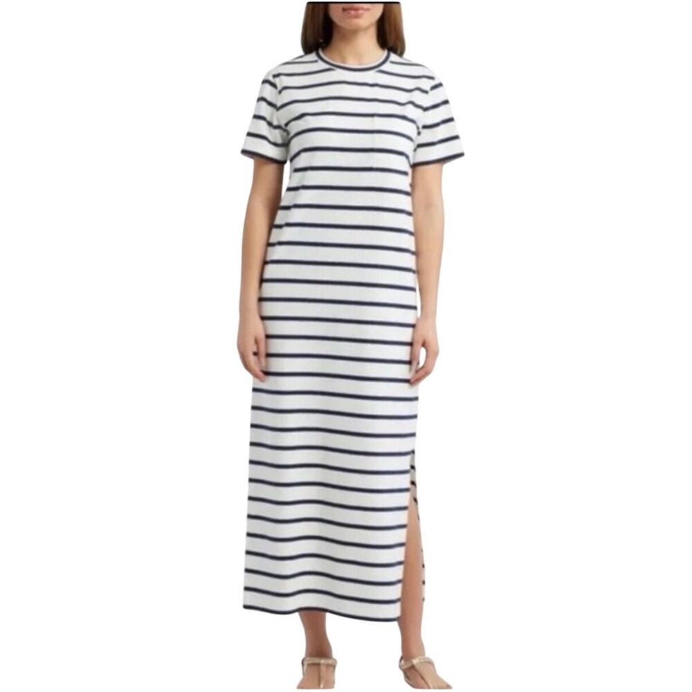 Caslon Ladies white/navy blue stripe maxi t-shirt dress, side vent, s/s, Size S